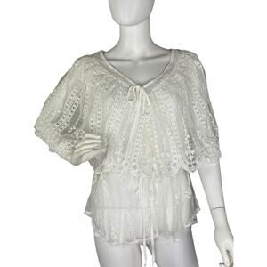 Women’s Sheer Embroidered Lace Mesh Top White Size XL Fairy Angelic Boho